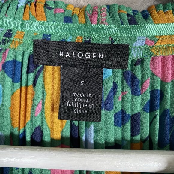 Halogen Pleated Long Sleeve Blouse S Colorful Abstract Floral Print Ruffle Neck - Picture 3 of 11